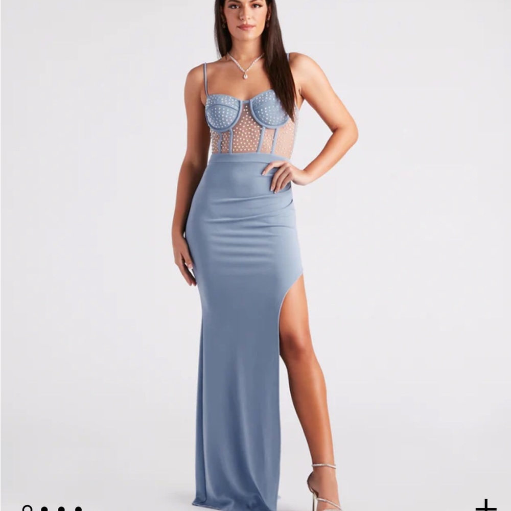 Windsor Light Blue Spaghetti Strap Maxi Dress with Sheer Polka Dot Bodice